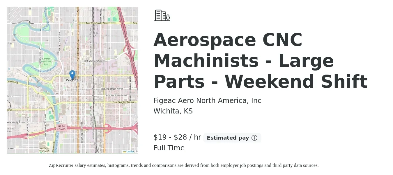Figeac Aero North America, Inc job posting for a Aerospace CNC Machinists - Large Parts - Weekend Shift in Wichita, KS with a salary of $20 to $30 Hourly with a map of Wichita location.