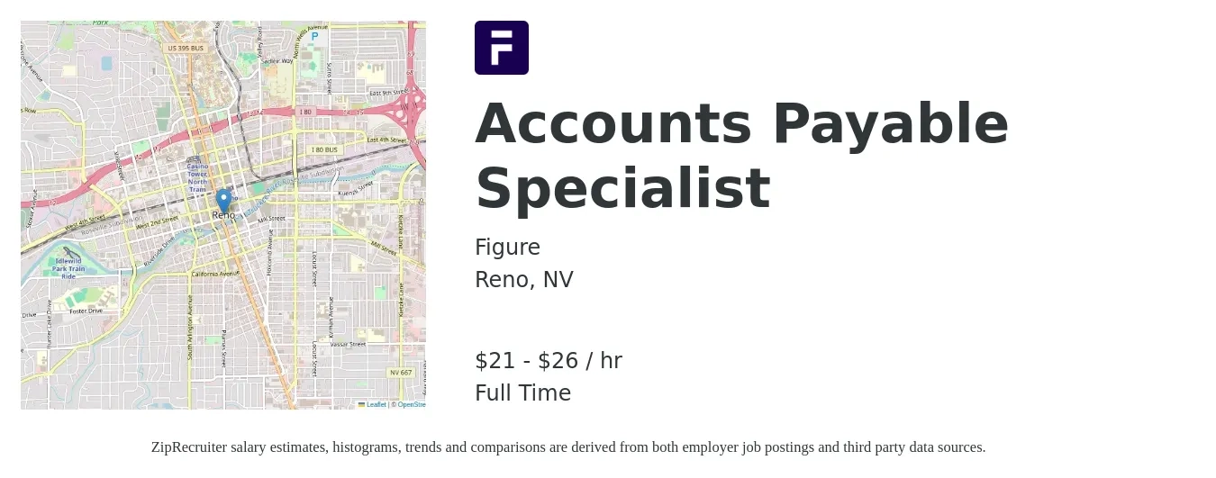 Figure job posting for a Accounts Payable Specialist in Reno, NV with a salary of $23 to $27 Hourly with a map of Reno location.