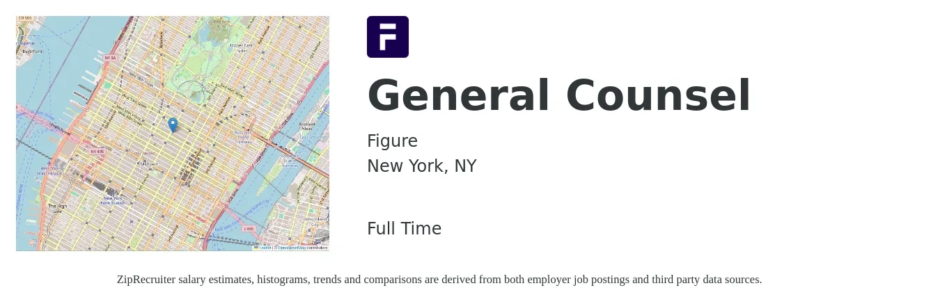 Figure job posting for a General Counsel in New York, NY with a salary of $118,700 to $207,900 Yearly with a map of New York location.