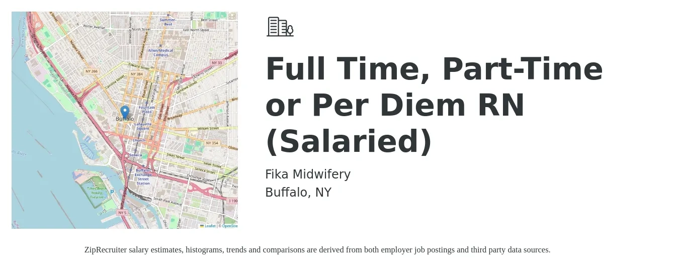 Fika Midwifery job posting for a Full Time, Part-Time or Per Diem RN (Salaried) in Buffalo, NY with a salary of $75,000 Yearly with a map of Buffalo location.