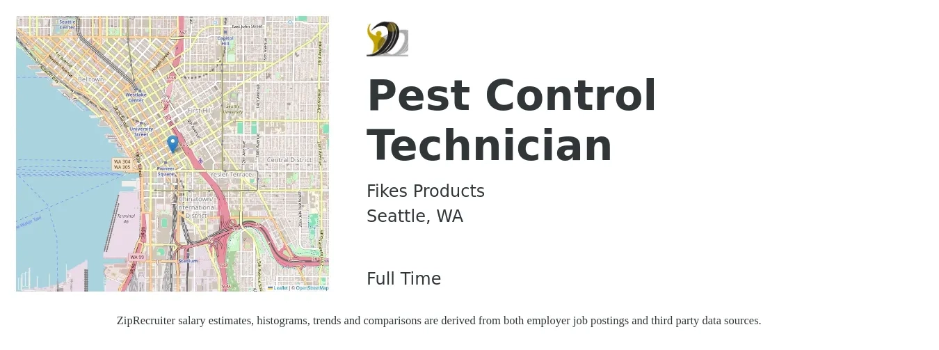 Fikes Products job posting for a Pest Control Technician in Seattle, WA with a salary of $23 to $26 Hourly with a map of Seattle location.