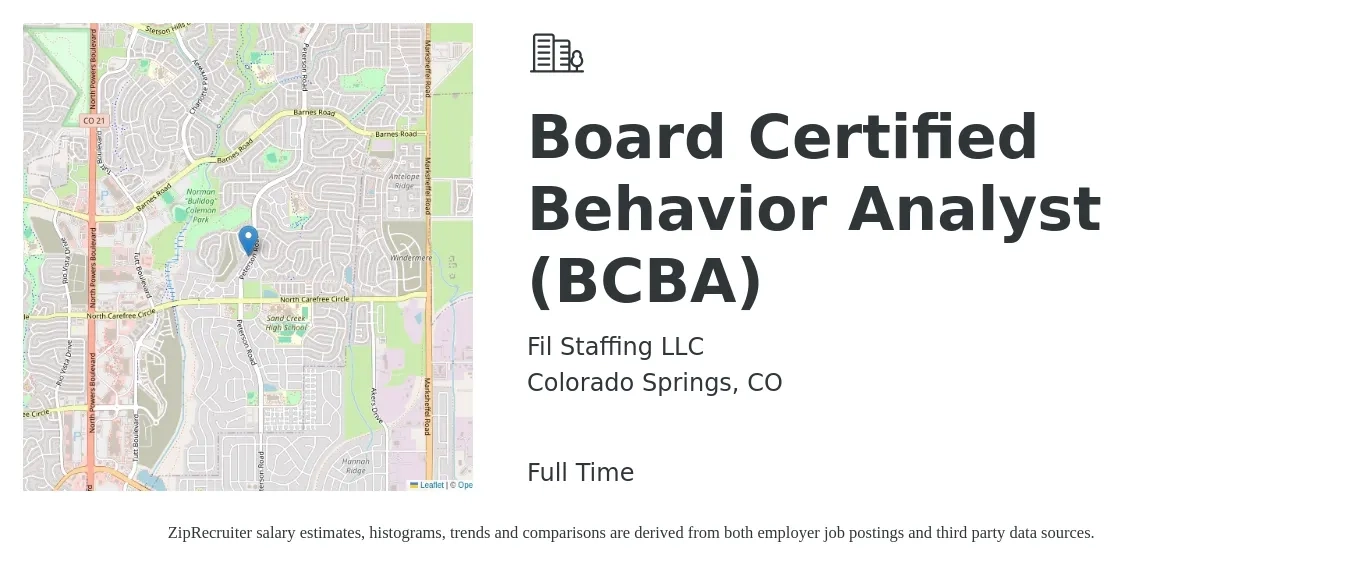 Fil Staffing LLC job posting for a Board Certified Behavior Analyst (BCBA) in Colorado Springs, CO with a salary of $64,900 to $79,300 Yearly with a map of Colorado Springs location.