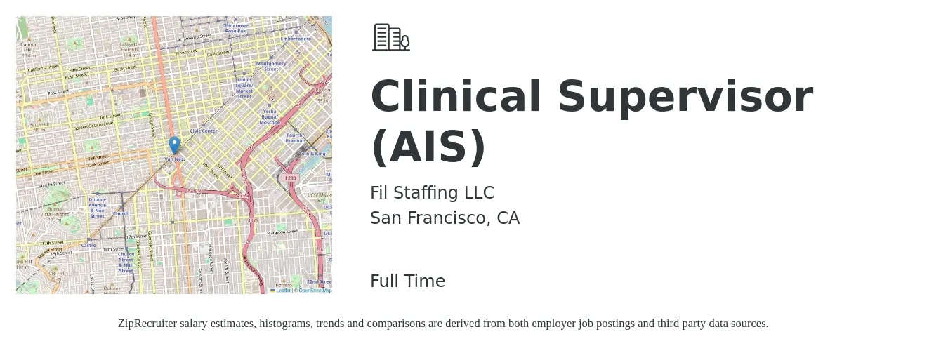 Fil Staffing LLC job posting for a Clinical Supervisor (AIS) in San Francisco, CA with a salary of $75,400 to $104,300 Yearly with a map of San Francisco location.