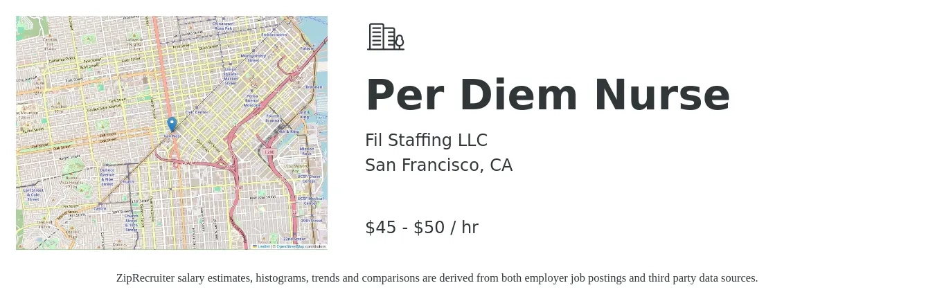 Fil Staffing LLC job posting for a Per Diem Nurse in San Francisco, CA with a salary of $47 to $52 Hourly with a map of San Francisco location.