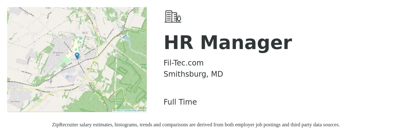 Fil-Tec.com job posting for a HR Manager in Smithsburg, MD with a salary of $67,800 to $98,300 Yearly with a map of Smithsburg location.