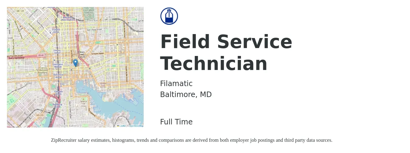 Filamatic job posting for a Field Service Technician in Baltimore, MD with a salary of $20 to $30 Hourly with a map of Baltimore location.