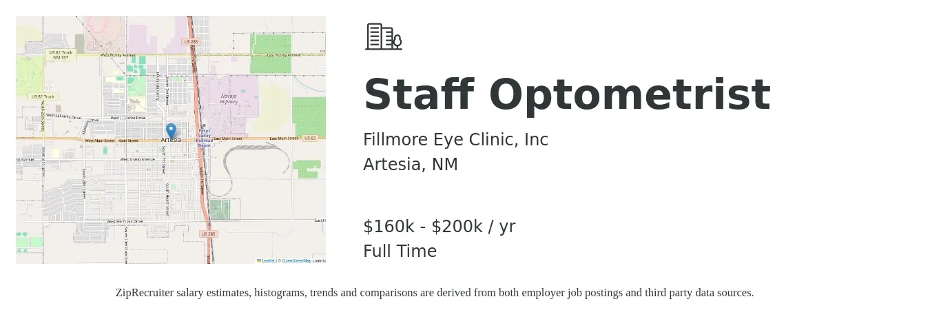 Fillmore Eye Clinic, Inc job posting for a Staff Optometrist in Artesia, NM with a salary of $160,000 to $200,000 Yearly with a map of Artesia location.
