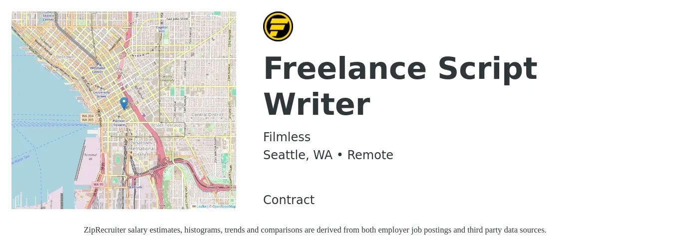 Filmless job posting for a Freelance Script Writer in Seattle, WA with a salary of $24 to $31 Hourly with a map of Seattle location.