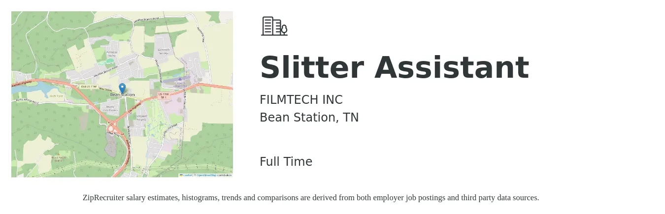 FILMTECH INC job posting for a Slitter Assistant in Bean Station, TN with a salary of $16 to $19 Hourly with a map of Bean Station location.