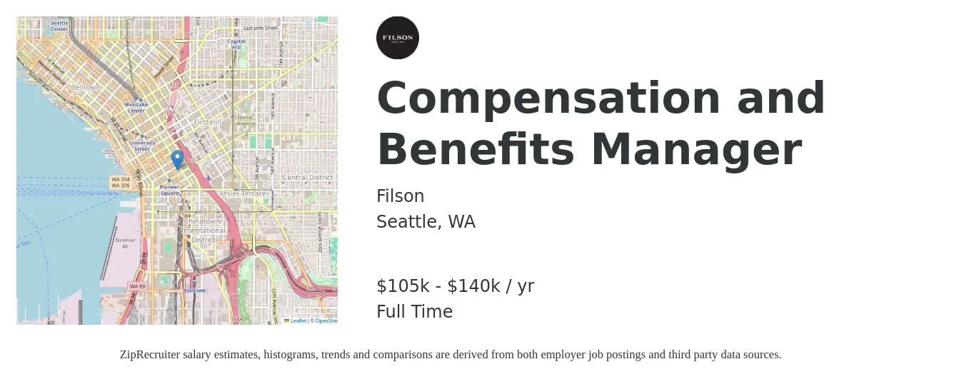 Filson job posting for a Compensation and Benefits Manager in Seattle, WA with a salary of $105,000 to $140,000 Yearly with a map of Seattle location.