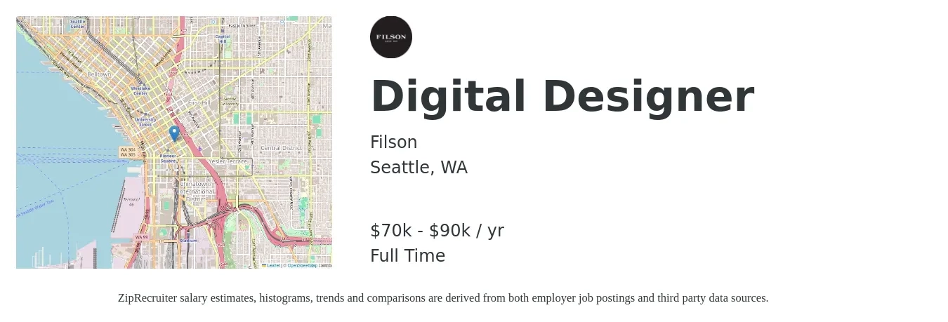 Filson job posting for a Digital Designer in Seattle, WA with a salary of $70,000 to $90,000 Yearly with a map of Seattle location.