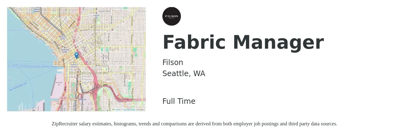 Filson job posting for a Fabric Manager in Seattle, WA with a salary of $130,300 to $162,700 Yearly with a map of Seattle location.