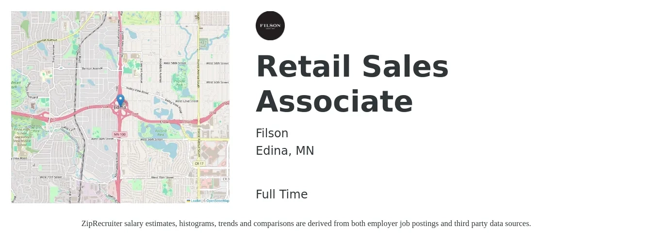 Filson job posting for a Retail Sales Associate in Edina, MN with a salary of $16 to $18 Hourly with a map of Edina location.