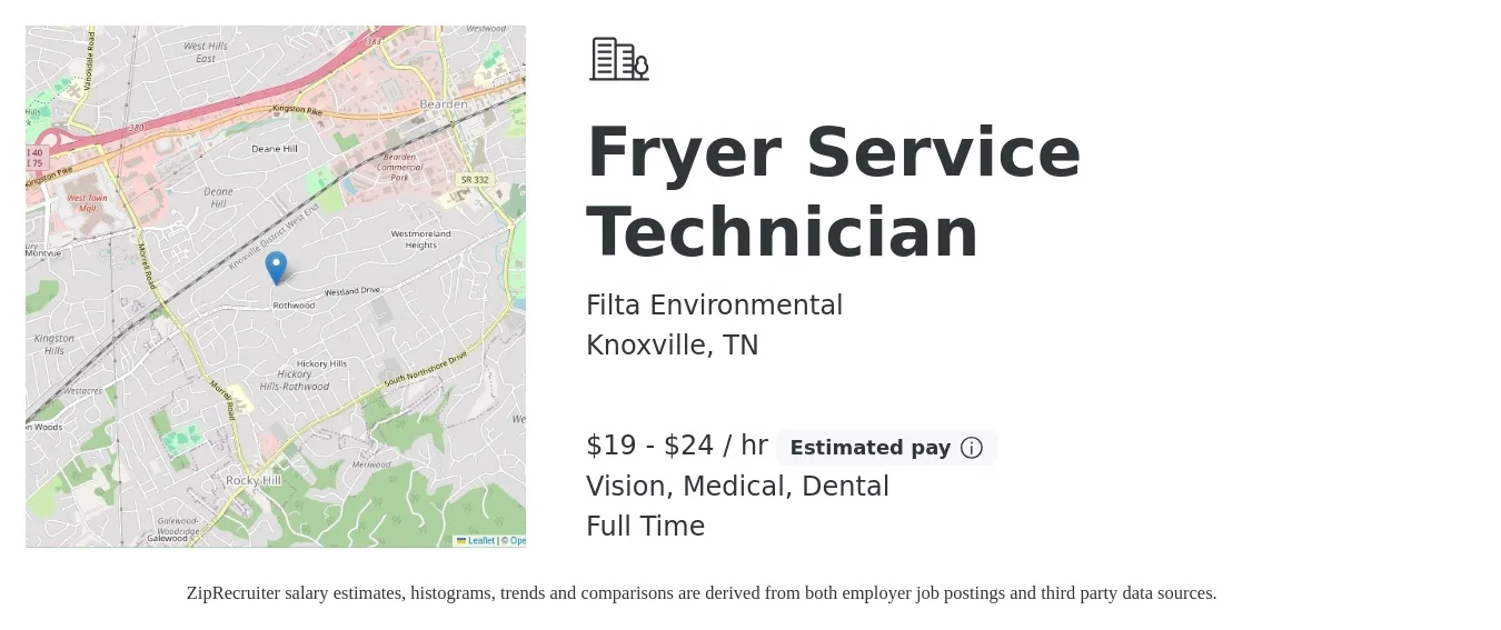 Filta Environmental job posting for a Fryer Service Technician in Knoxville, TN with a salary of $20 to $25 Hourly and benefits including medical, pto, vision, dental, and life_insurance with a map of Knoxville location.