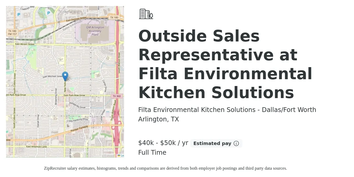 Filta Environmental Kitchen Solutions - Dallas/Fort Worth job posting for a Outside Sales Representative at Filta Environmental Kitchen Solutions in Arlington, TX with a salary of $40,000 to $50,000 Yearly with a map of Arlington location.