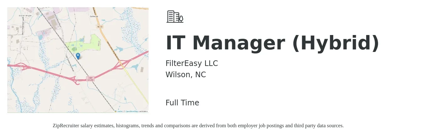 FilterEasy LLC job posting for a IT Manager (Hybrid) in Wilson, NC with a salary of $83,000 to $101,800 Yearly with a map of Wilson location.