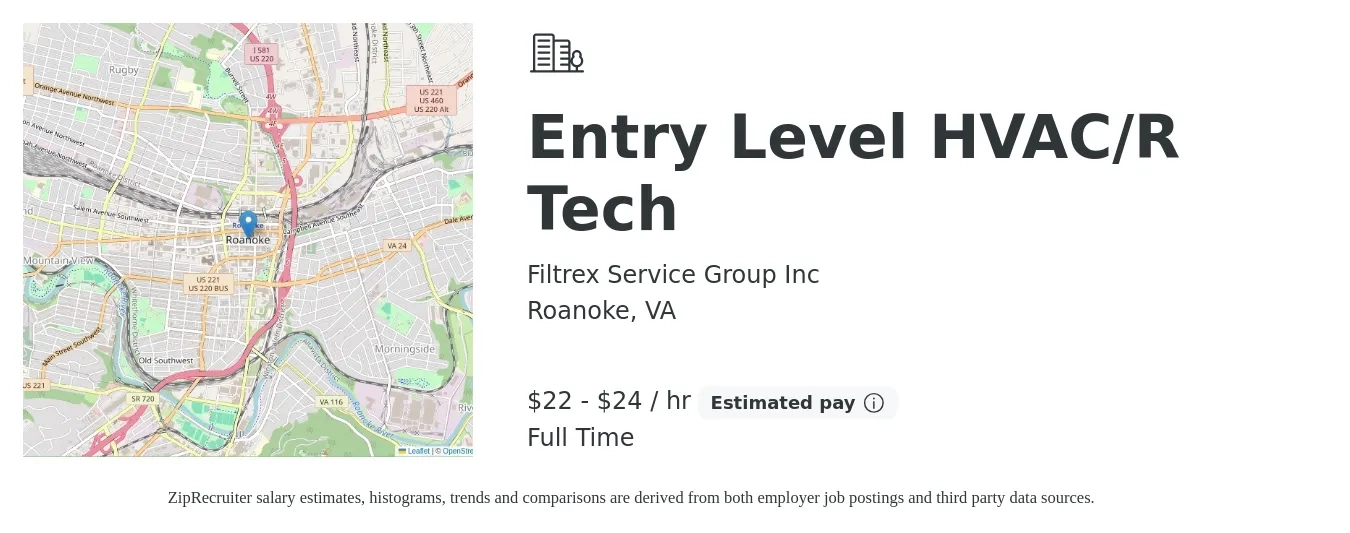 Filtrex Service Group Inc job posting for a Entry Level HVAC/R Tech in Roanoke, VA with a salary of $23 to $25 Hourly with a map of Roanoke location.