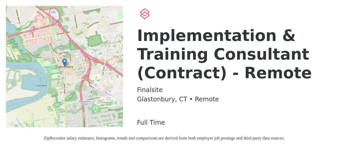 Finalsite job posting for a Implementation & Training Consultant (Contract) - Remote in Glastonbury, CT with a salary of $73,000 to $147,900 Yearly with a map of Glastonbury location.