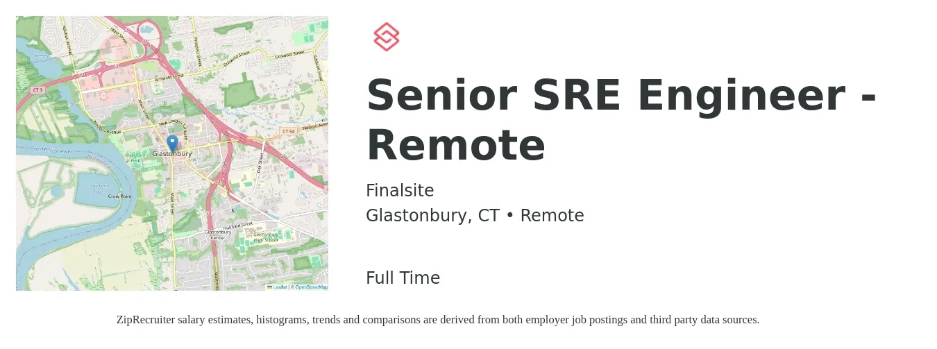 Finalsite job posting for a Senior SRE Engineer - Remote in Glastonbury, CT with a salary of $57 to $76 Hourly with a map of Glastonbury location.