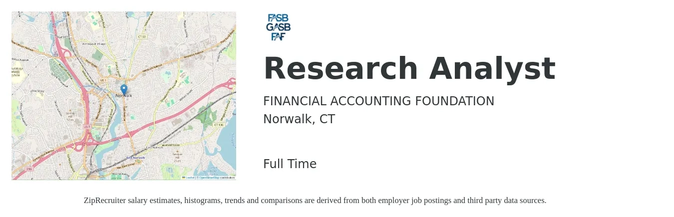 FINANCIAL ACCOUNTING FOUNDATION job posting for a Research Analyst in Norwalk, CT with a salary of $57,200 to $98,900 Yearly with a map of Norwalk location.