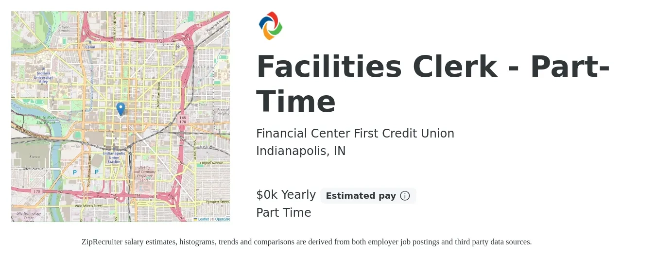 Financial Center First Credit Union job posting for a Facilities Clerk - Part-Time in Indianapolis, IN with a salary of $14 to $19 Yearly with a map of Indianapolis location.
