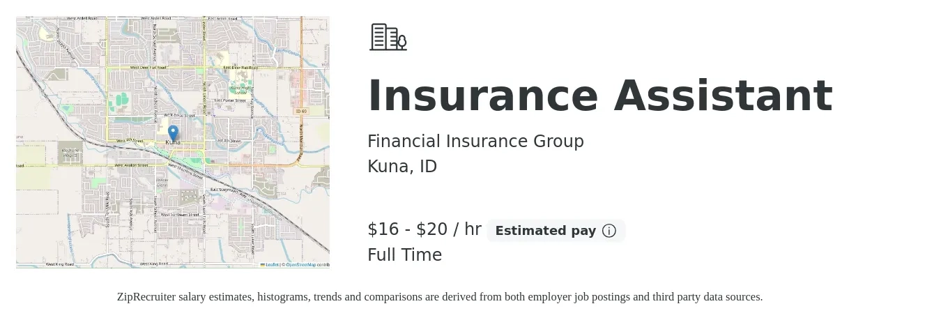 Financial Insurance Group job posting for a Insurance Assistant in Kuna, ID with a salary of $17 to $21 Hourly (plus commission) with a map of Kuna location.