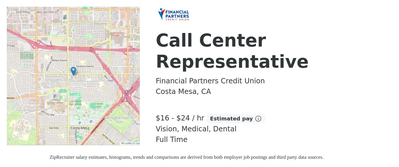 Financial Partners Credit Union job posting for a Call Center Representative in Costa Mesa, CA with a salary of $17 to $26 Hourly (plus commission) and benefits including dental, medical, retirement, and vision with a map of Costa Mesa location.