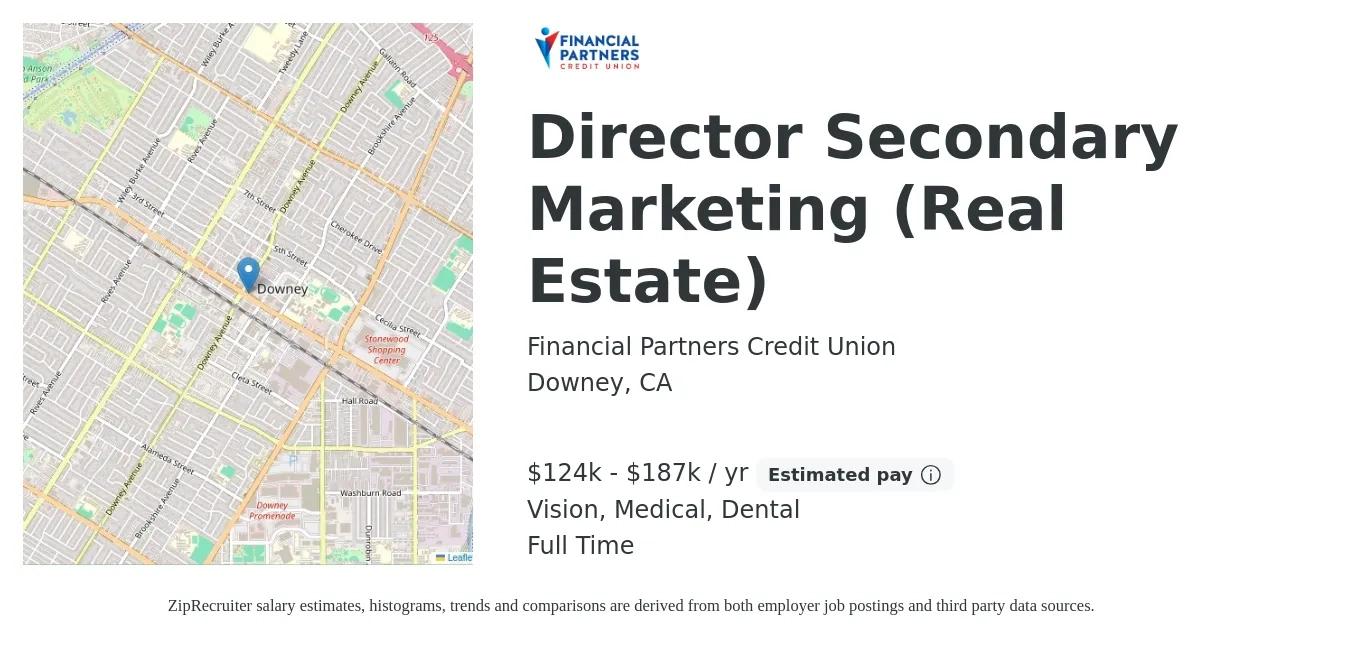 Financial Partners Credit Union job posting for a Director Secondary Marketing (Real Estate) in Downey, CA with a salary of $124,891 to $187,337 Yearly and benefits including medical, retirement, vision, dental, and life_insurance with a map of Downey location.