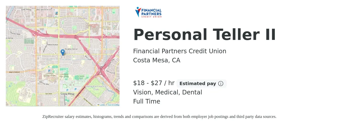 Financial Partners Credit Union job posting for a Personal Teller II in Costa Mesa, CA with a salary of $19 to $29 Hourly and benefits including dental, medical, retirement, and vision with a map of Costa Mesa location.