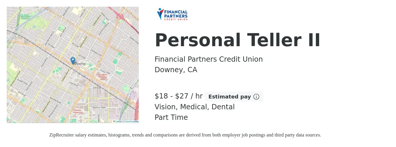 Financial Partners Credit Union job posting for a Personal Teller II in Downey, CA with a salary of $19 to $29 Hourly and benefits including medical, retirement, vision, dental, and life_insurance with a map of Downey location.