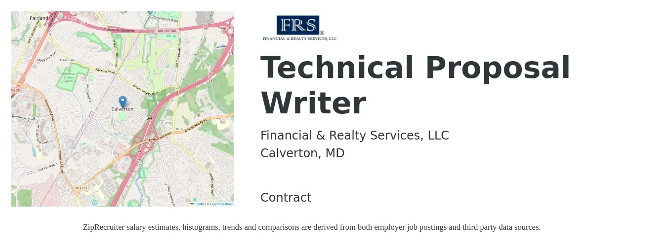 Financial & Realty Services, LLC job posting for a Technical Proposal Writer in Calverton, MD with a salary of $73,300 to $103,200 Yearly with a map of Calverton location.