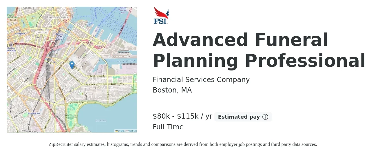 Financial Services Company job posting for a Advanced Funeral Planning Professional in Boston, MA with a salary of $80,000 to $115,000 Yearly with a map of Boston location.