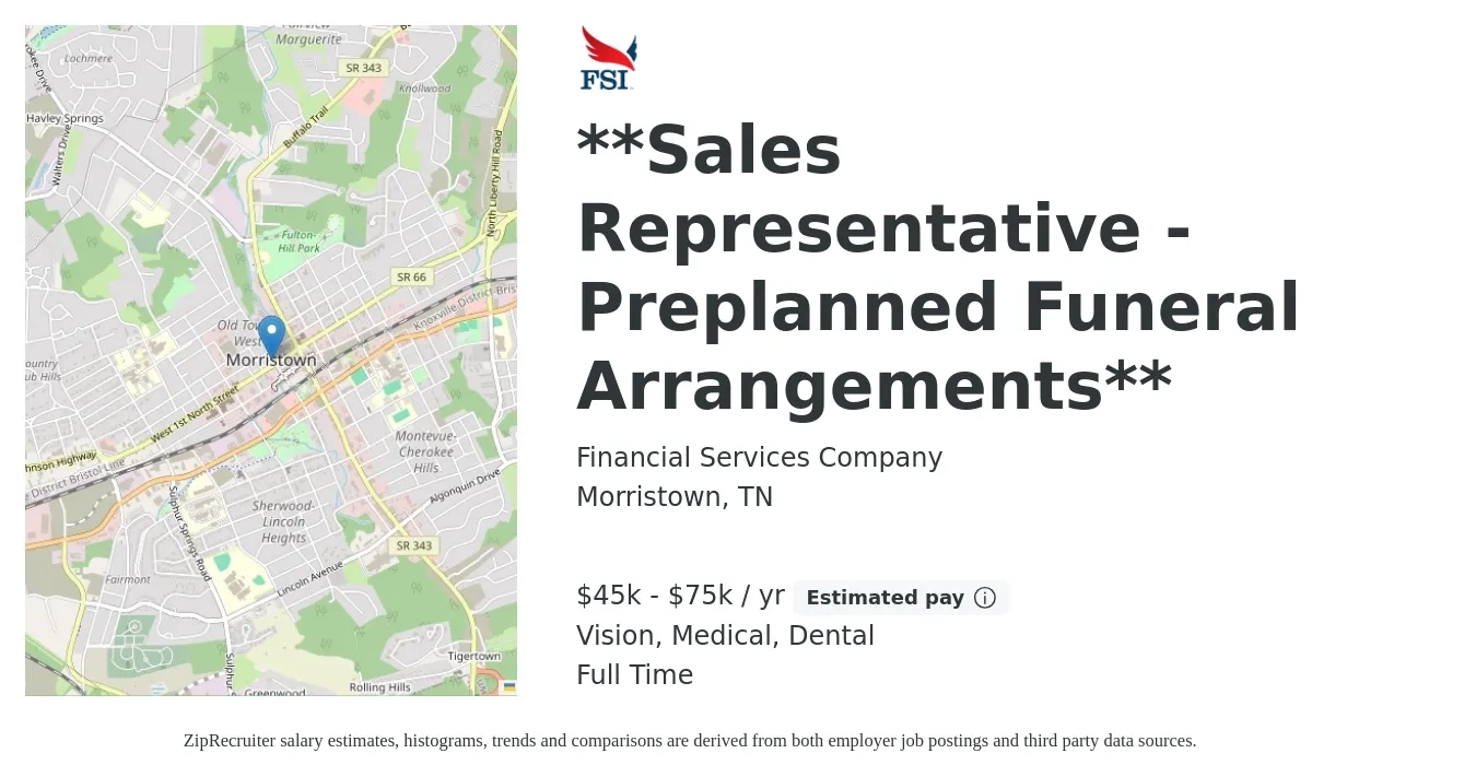 Financial Services Company job posting for a **Sales Representative - Preplanned Funeral Arrangements** in Morristown, TN with a salary of $45,000 to $75,000 Yearly and benefits including retirement, vision, dental, and medical with a map of Morristown location.