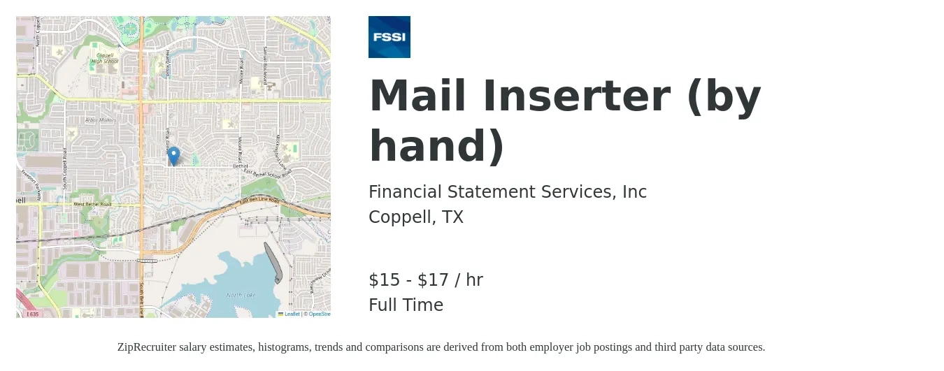 Financial Statement Services, Inc job posting for a Mail Inserter (by hand) in Coppell, TX with a salary of $16 to $18 Hourly with a map of Coppell location.
