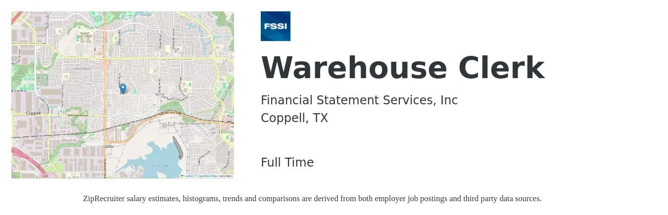Financial Statement Services, Inc job posting for a Warehouse Clerk in Coppell, TX with a salary of $18 to $21 Hourly with a map of Coppell location.