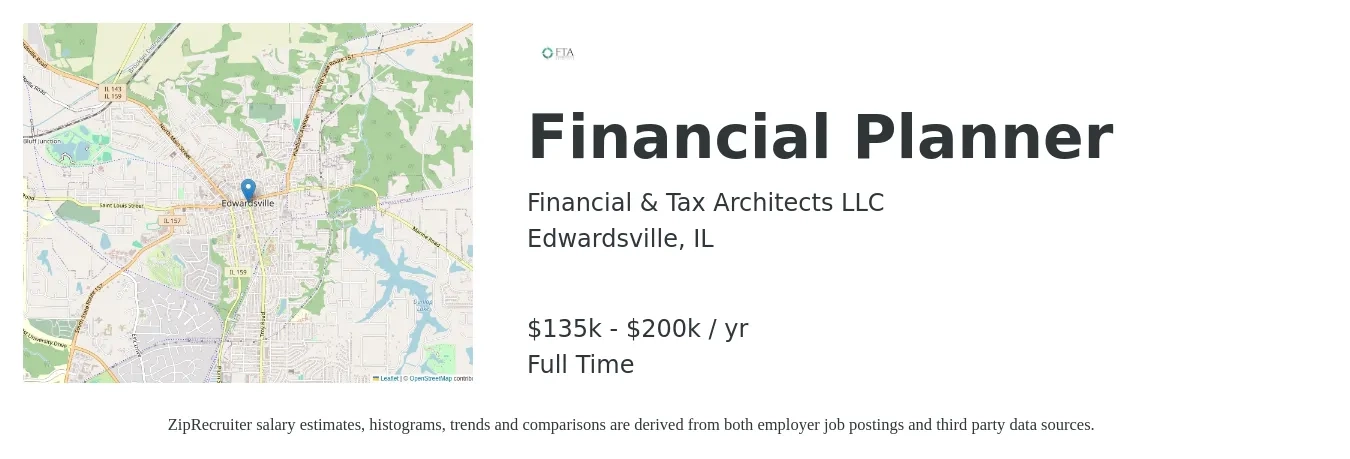 Financial & Tax Architects LLC job posting for a Financial Planner in Edwardsville, IL with a salary of $135,000 to $200,000 Yearly with a map of Edwardsville location.