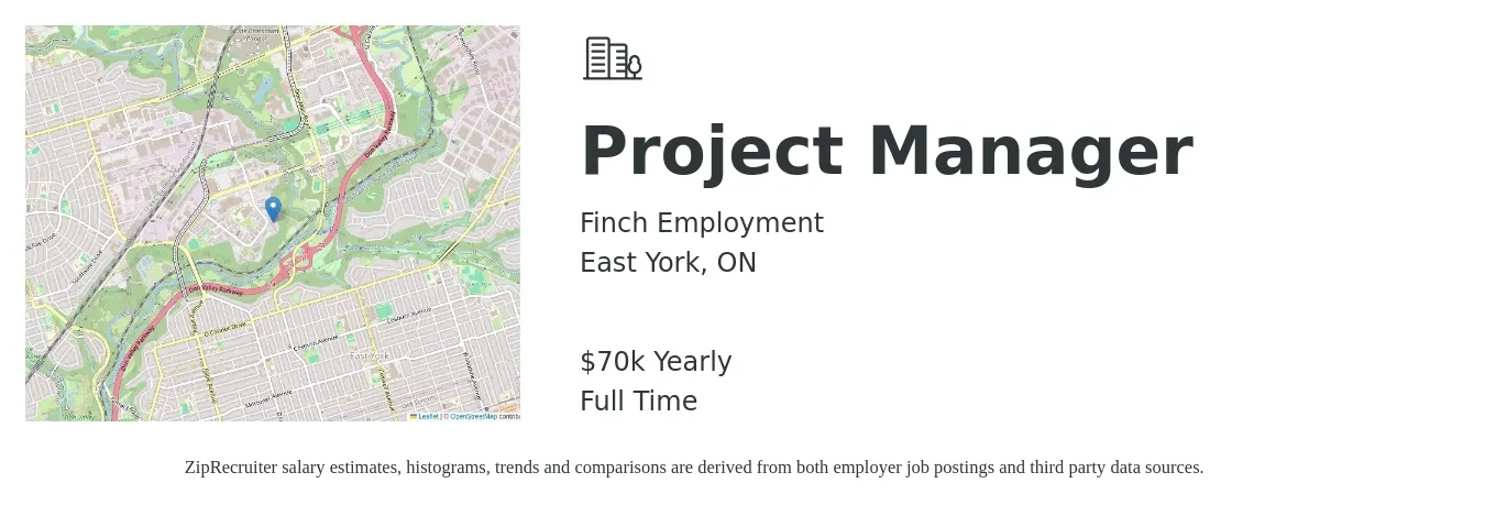 Finch Employment job posting for a Project Manager in East York, ON with a salary of $70,000 Yearly with a map of East York location.