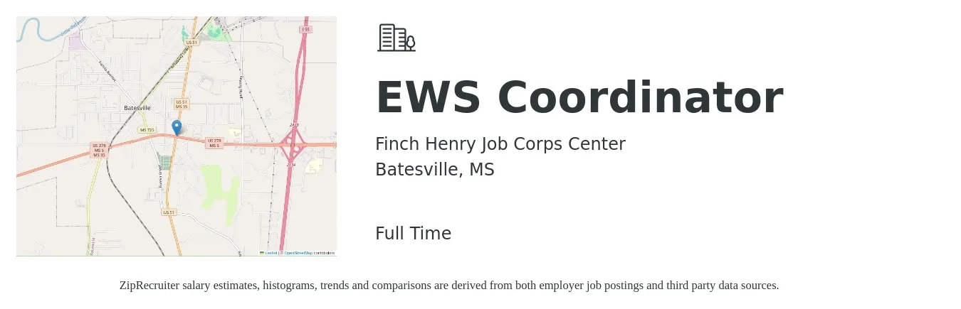 Finch Henry Job Corps Center job posting for a EWS Coordinator in Batesville, MS with a map of Batesville location.