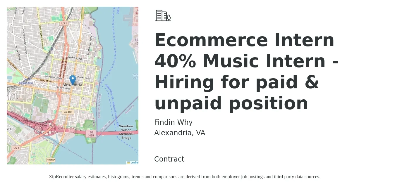 Findin Why job posting for a Ecommerce Intern 40% Music Intern - Hiring for paid & unpaid position in Alexandria, VA with a salary of $1,000 Monthly with a map of Alexandria location.