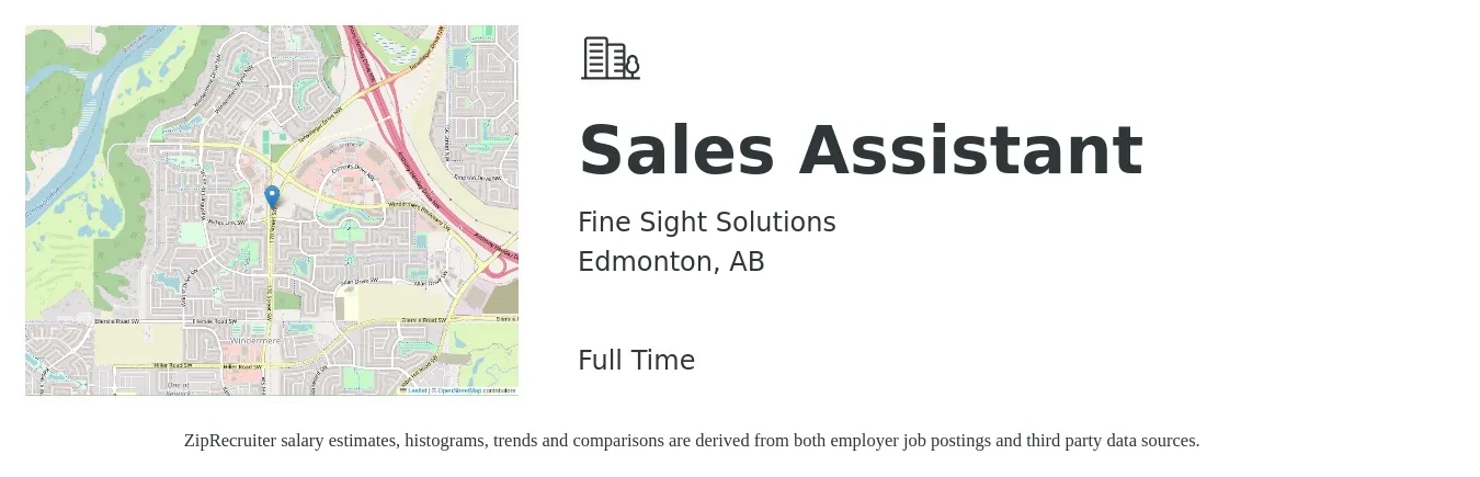 Fine Sight Solutions job posting for a Sales Assistant in Edmonton, AB with a map of Edmonton location.