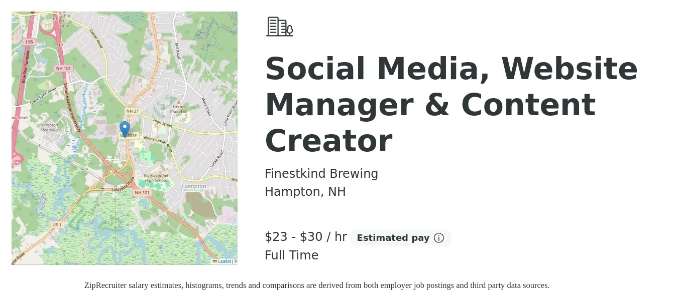 Finestkind Brewing job posting for a Social Media, Website Manager & Content Creator in Hampton, NH with a salary of $50,000 to $65,000 Yearly with a map of Hampton location.