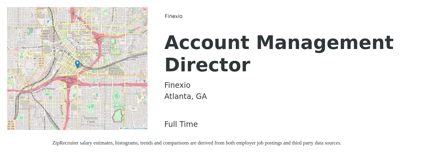 Finexio job posting for a Account Management Director in Atlanta, GA with a salary of $145,000 to $185,000 Yearly with a map of Atlanta location.
