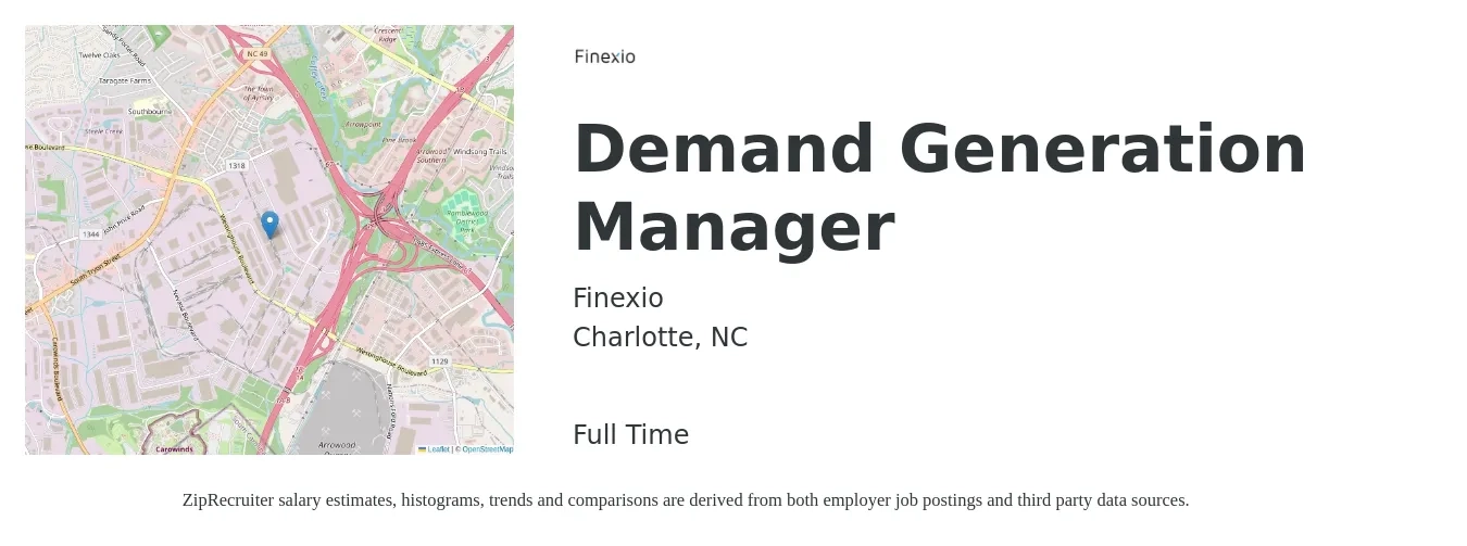 Finexio job posting for a Demand Generation Manager in Charlotte, NC with a salary of $105,000 Yearly with a map of Charlotte location.