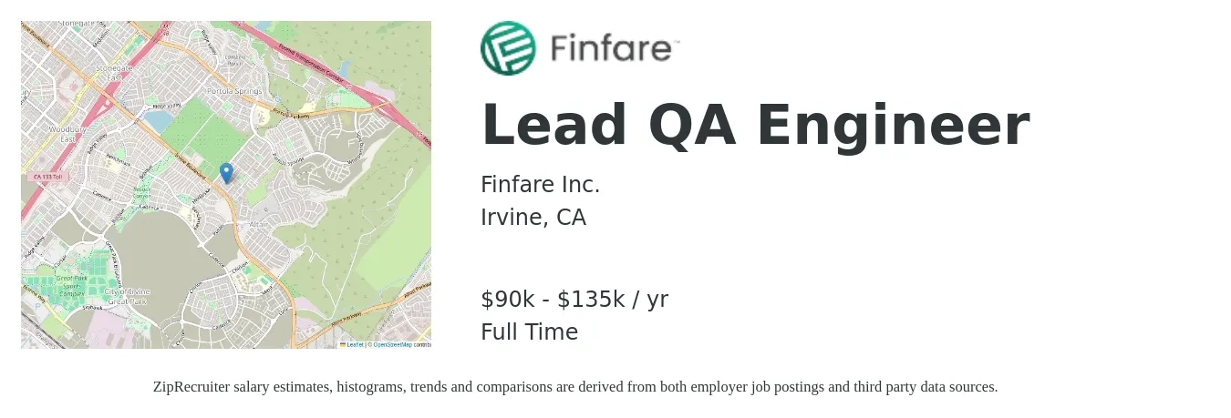 Finfare Inc. job posting for a Lead QA Engineer in Irvine, CA with a salary of $90,000 to $135,000 Yearly with a map of Irvine location.