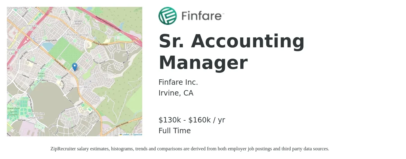 Finfare Inc. job posting for a Sr. Accounting Manager in Irvine, CA with a salary of $130,000 to $160,000 Yearly with a map of Irvine location.