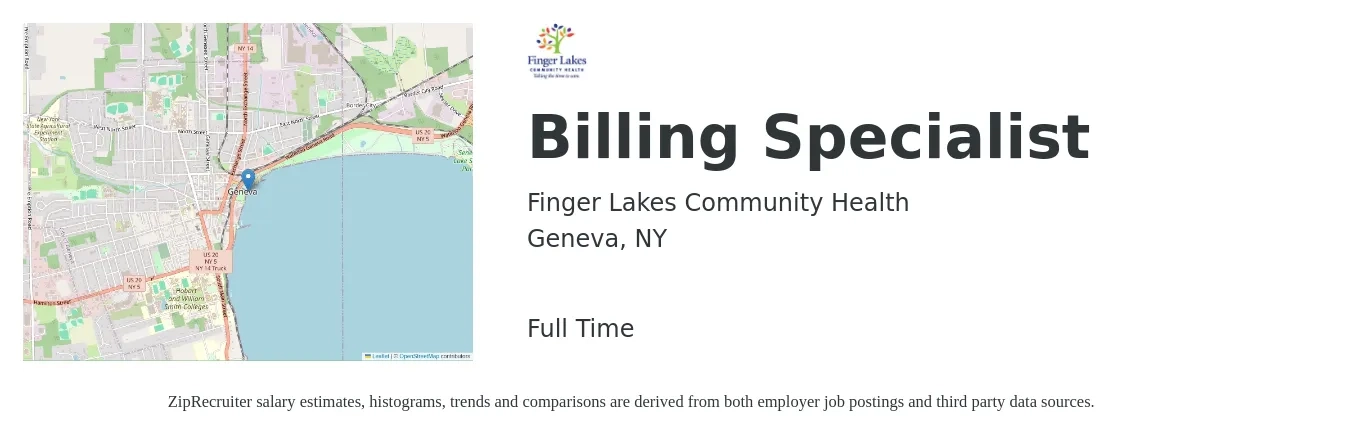 Finger Lakes Community Health job posting for a Billing Specialist in Geneva, NY with a salary of $20 to $26 Hourly with a map of Geneva location.