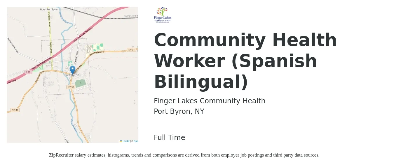 Finger Lakes Community Health job posting for a Community Health Worker (Spanish Bilingual) in Port Byron, NY with a salary of $19 to $26 Hourly with a map of Port Byron location.