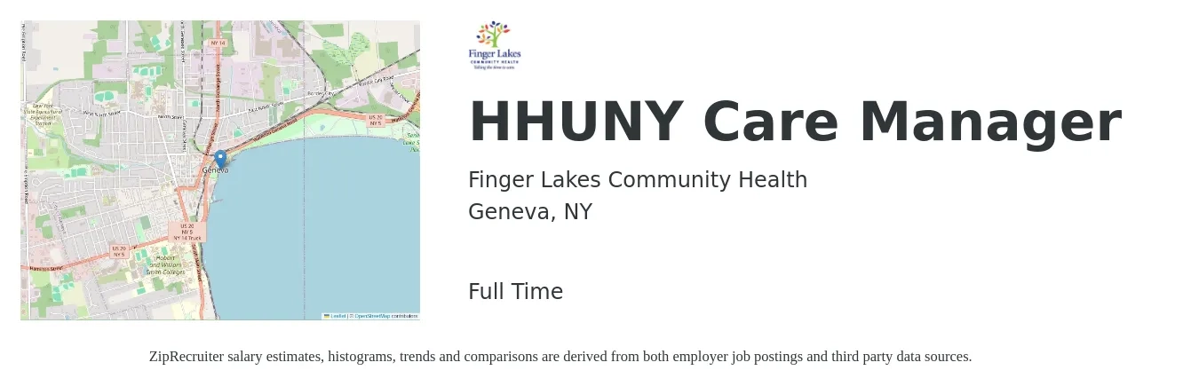 Finger Lakes Community Health job posting for a HHUNY Care Manager in Geneva, NY with a salary of $20 to $27 Hourly with a map of Geneva location.