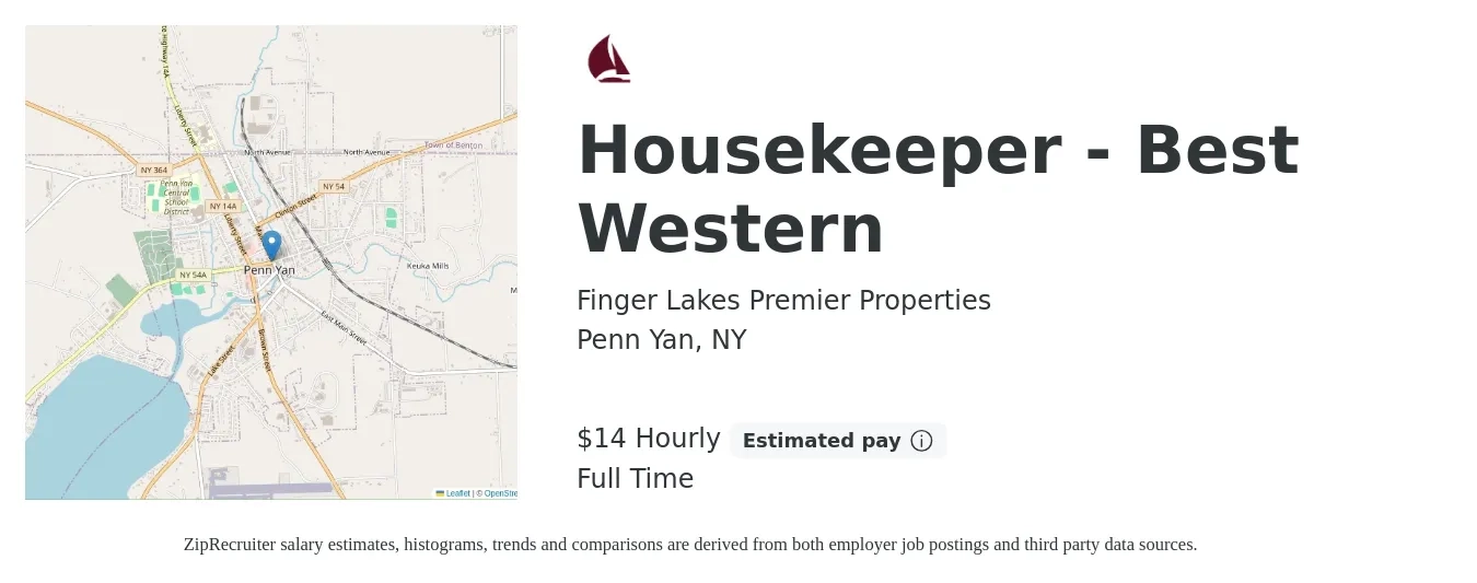 Finger Lakes Premier Properties job posting for a Housekeeper - Best Western in Penn Yan, NY with a salary of $14 to $18 Hourly with a map of Penn Yan location.