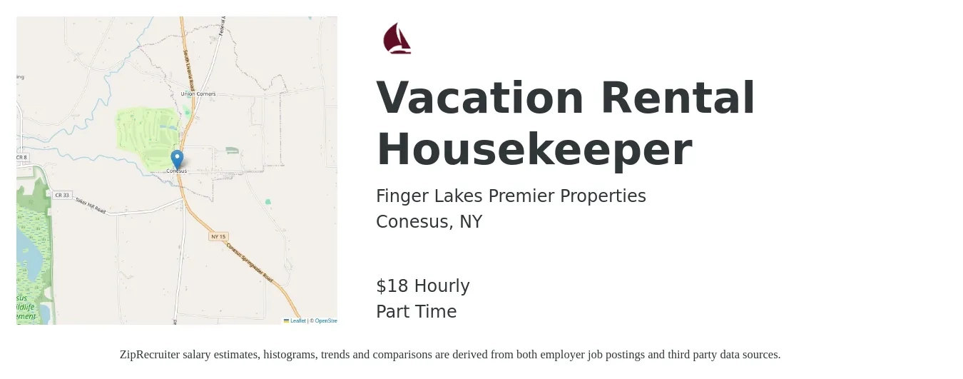 Finger Lakes Premier Properties job posting for a Vacation Rental Housekeeper in Conesus, NY with a salary of $19 Hourly with a map of Conesus location.